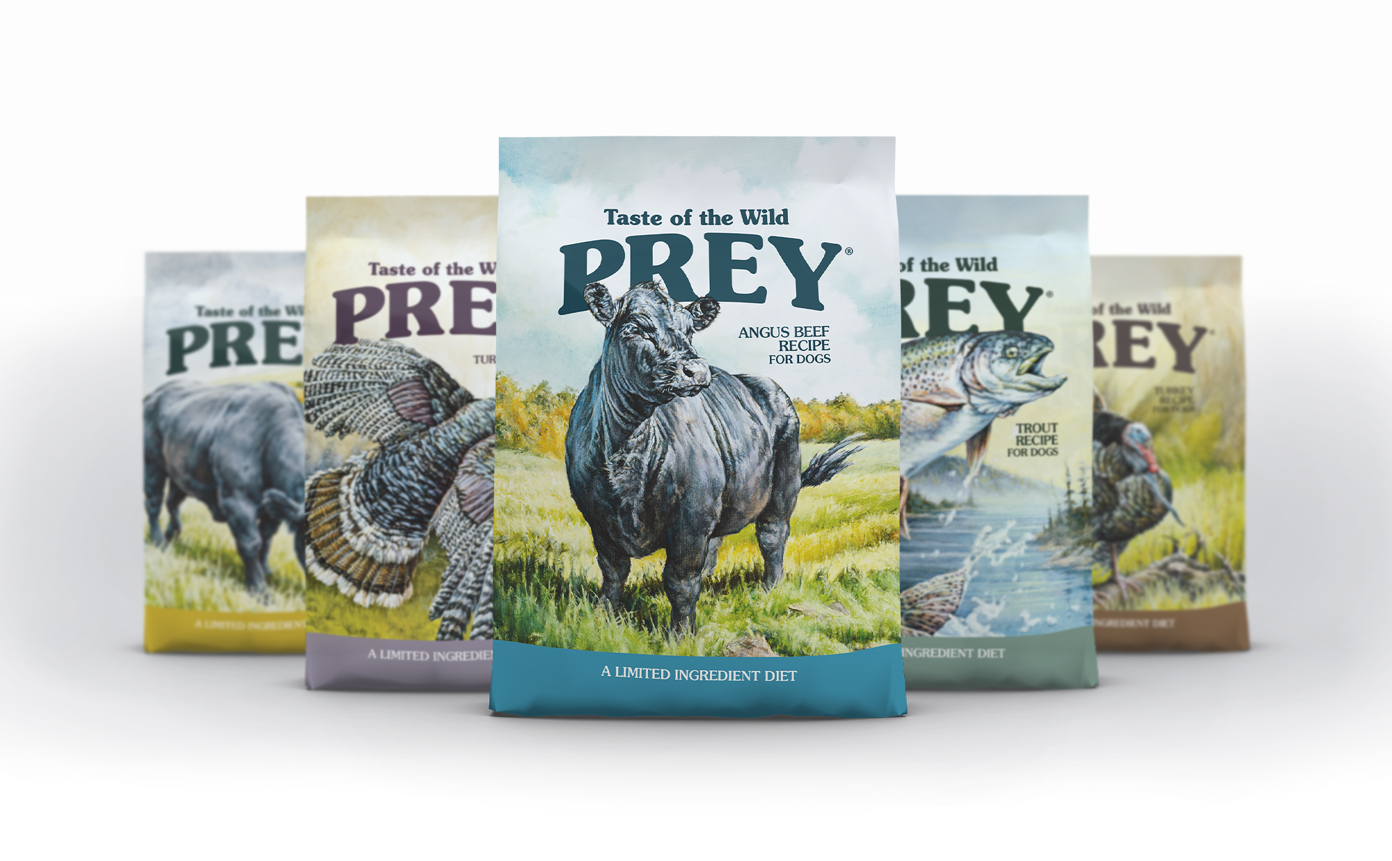 A line of bags of the Taste of the Wild Prey brand of pet foods. 