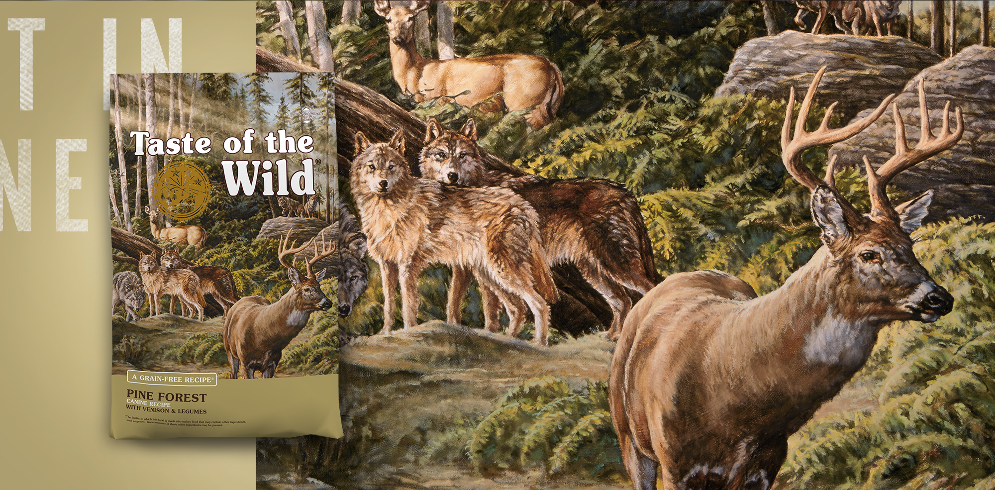 A cartoon drawing of wolves and deer in the forest next to a bag of Taste of the Wild’s Pine Forest Canine Recipe with Venison & Legumes. 